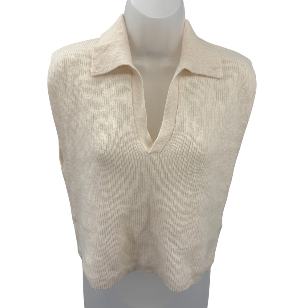 Colorush Cream V-Neck Collared Crop Top Ribbed Knit Polo Sweater Vest Womens 1 S